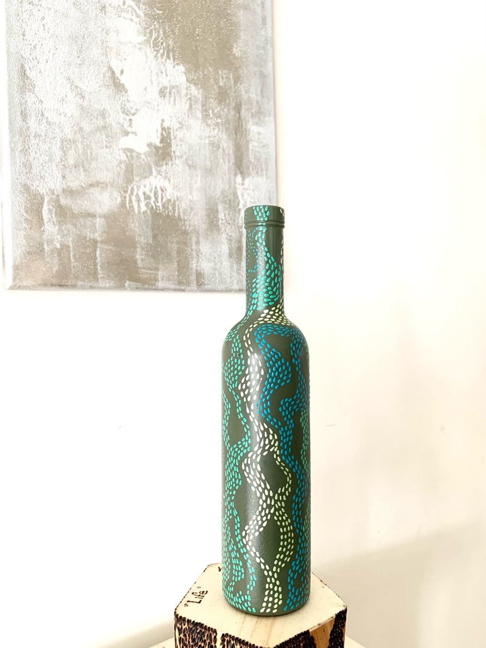 Hand-Painted Green and Teal Decorative Bottle - Home Art Accent